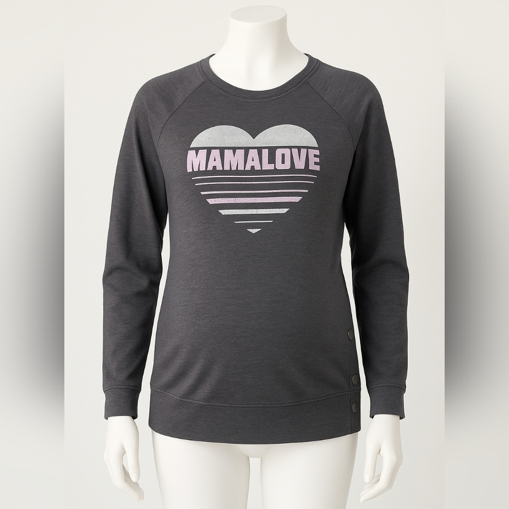 MAMA LOVE Maternity Sweatshirt – Size M, Gray Pullover with Side Snaps